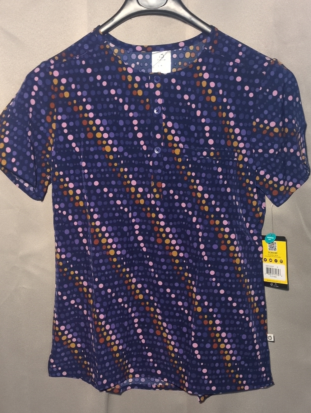 WonderWink Navy Polka Dot Scrub Top with Pink & Purple Accents